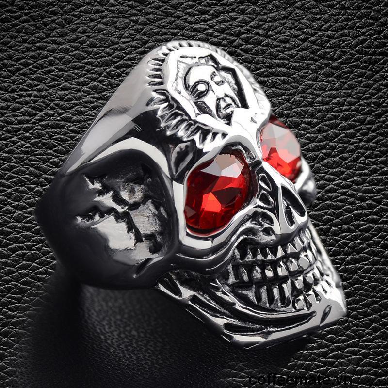 【coffeemate】⚡Nhẫn Hình Đầu Lâu đính đá zircon đỏ Thiết Kế Độc Đáo Cho Nam