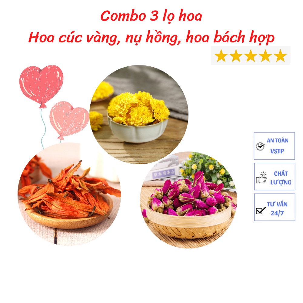 Combo 3 lọ trà hoa sấy khô đẹp da (hoa cúc vàng, nụ hoa hồng, hoa bách hợp)