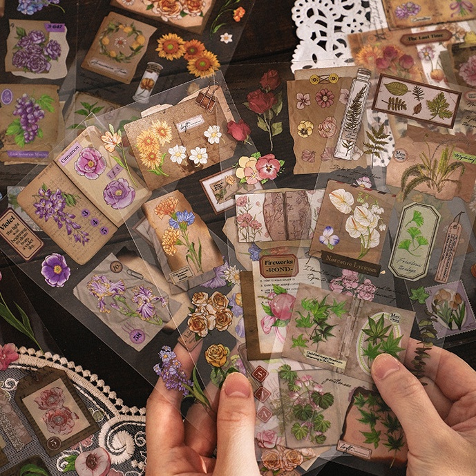 Set 3 tấm sticker PET các mẫu hoa nhiều màu sắc và giấy note trang trí journal