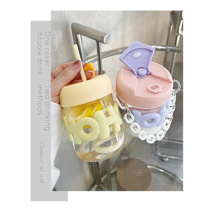 Cốc Thủy Tinh Chịu Nhiệt Cao Có Nắp Đậy Và Ống Hút Dành Cho Nữ