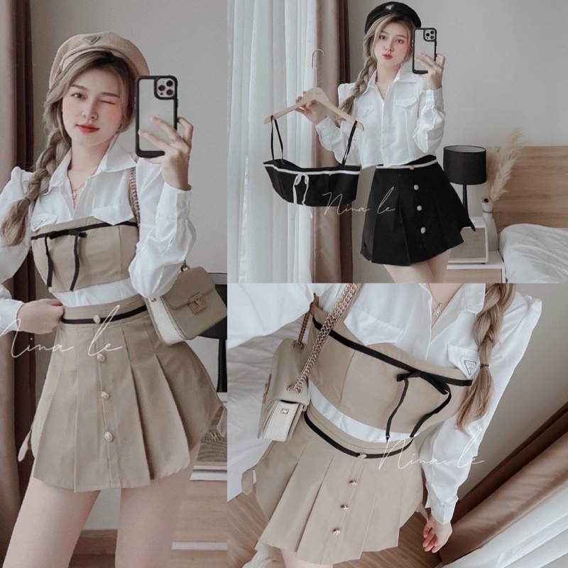 (SHOP NÀNG BÉO BIGSIZE 50KG ĐẾN 90KG ) set 3 món: áo sơ mi + áo khỉ + chân váy kaki