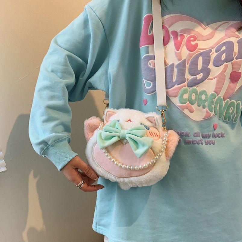 Túi Đeo Chéo Hình Mèo May Mắn Hoạt Hình Nhồi Bông Phong Cách Lolita