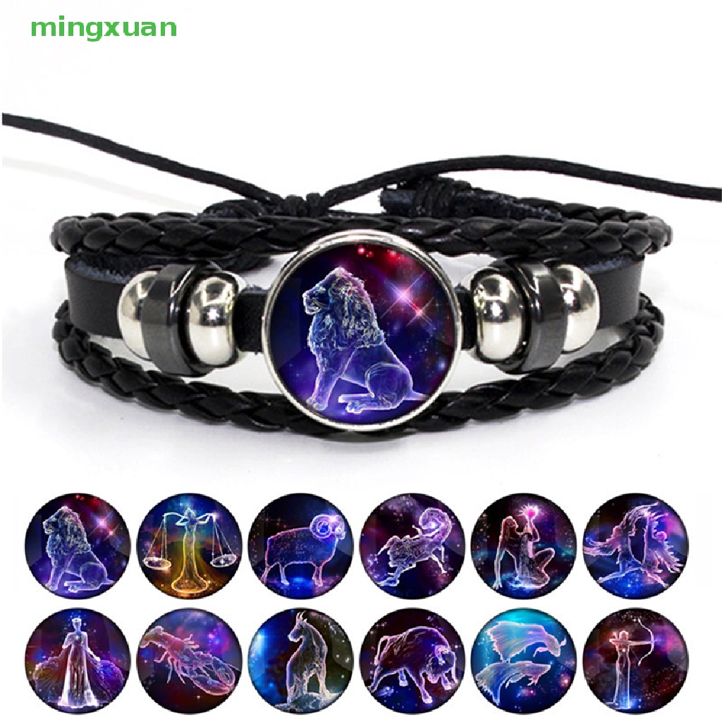 Vòng Đeo Tay Bện Dây Da Mặt 12 Cung Hoàng Đạo Màu Đen Phong Cách Punk