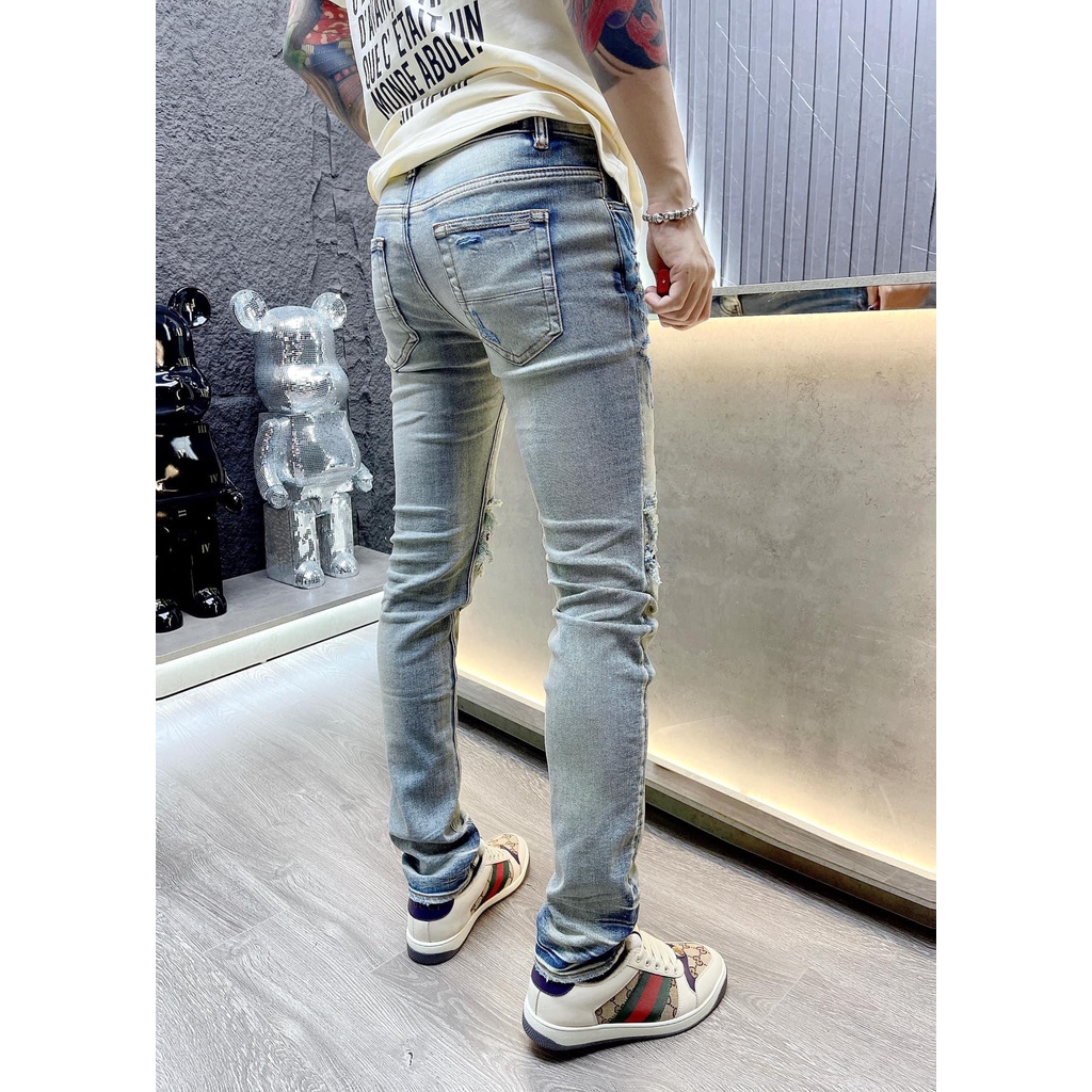 Quần AMIRI Like_AU Xanh Khói Gối Đỏ Quần Jeans Nam Slimfit Wash Amiri màu xanh loang chất co dãn 4 chiều | BigBuy360 - bigbuy360.vn