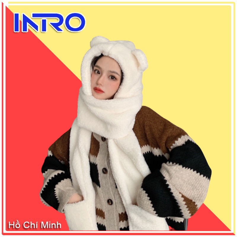 Mũ len hàn quốc lông cừu tai gấu cao cấp Zozo mũ len nữ trùm đầu kèm khăn quàng cổ mùa đông giữ ấm dễ thương