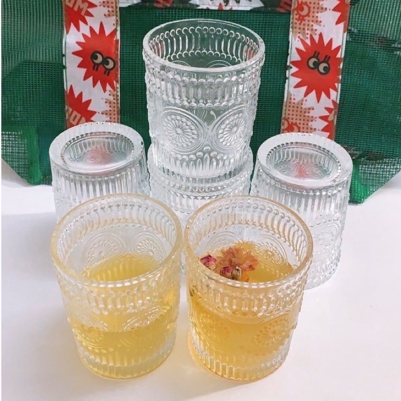 Sét 6 Cốc thuỷ tinh cao cấp viền vàng hoạ tiết hoa mặt trời