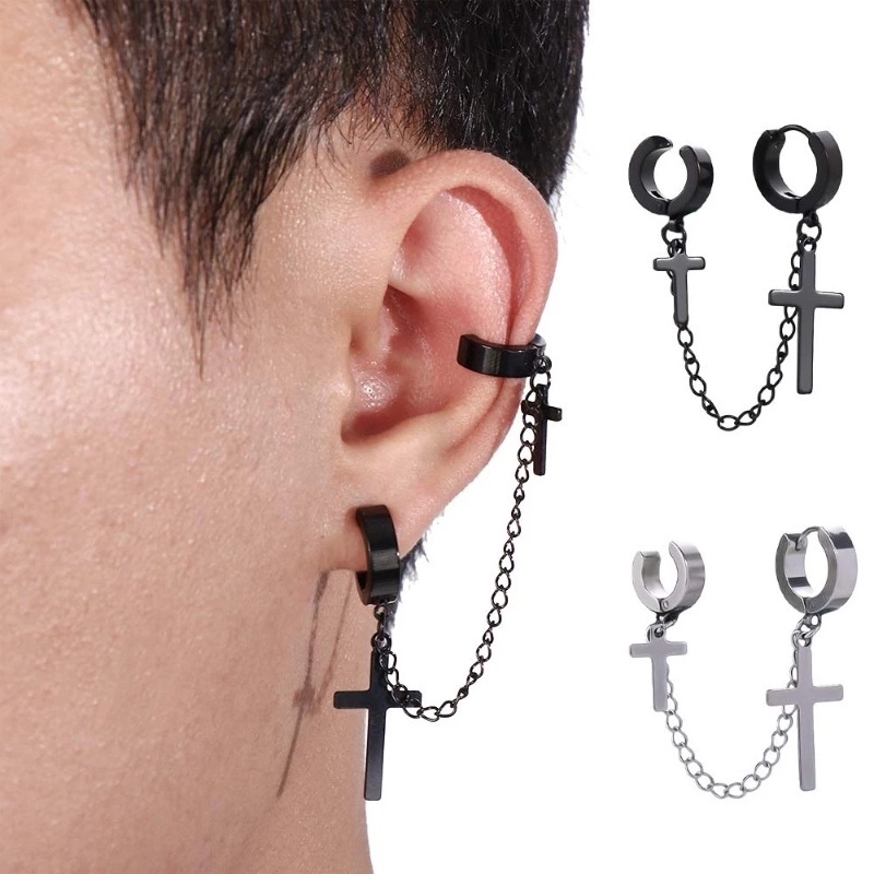 Bông Tai Dạng Kẹp Hình Thánh Giá Phối Dây Xích Phong Cách Hip hop Đường Phố Cá Tính Cho Nam Và Nữ