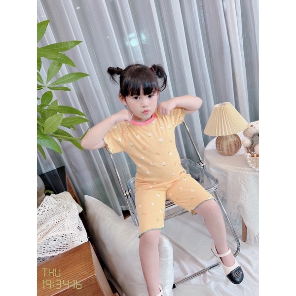 Bộ Áo Cộc Tay Viền Nhún Cotton Mềm Hoạ Tiết Bông Hoa Cho Bé Gái - 5 màu