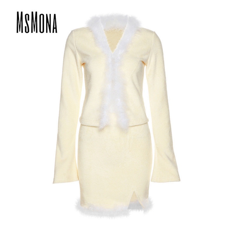 MsMona Bộ Đồ Thời Trang 2023 Cổ Chữ V Ôm Dáng Phối Màu Tương Phản Quyến Rũ Cho Nữ