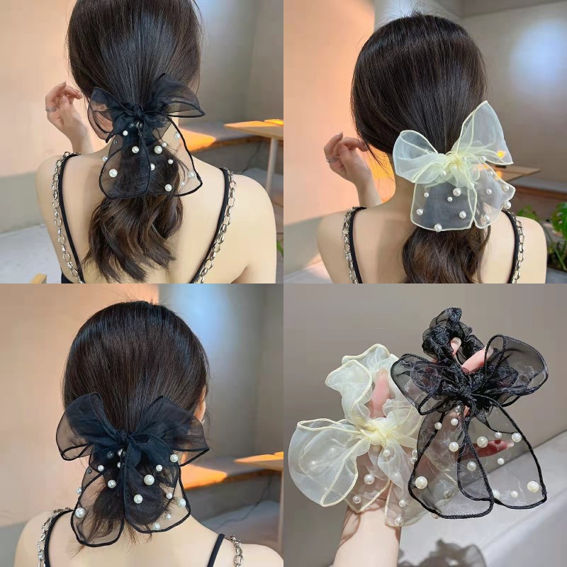 Dây Buộc Tóc Cao Su Co Giãn Đính Hạt Ngọc Trai Và Nơ Phong Cách Mới Cho Nữ