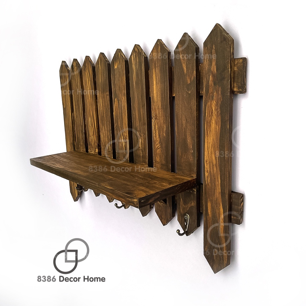 Kệ treo tường trang trí decor kèm móc treo phụ kiện đa năng màu nâu rustic