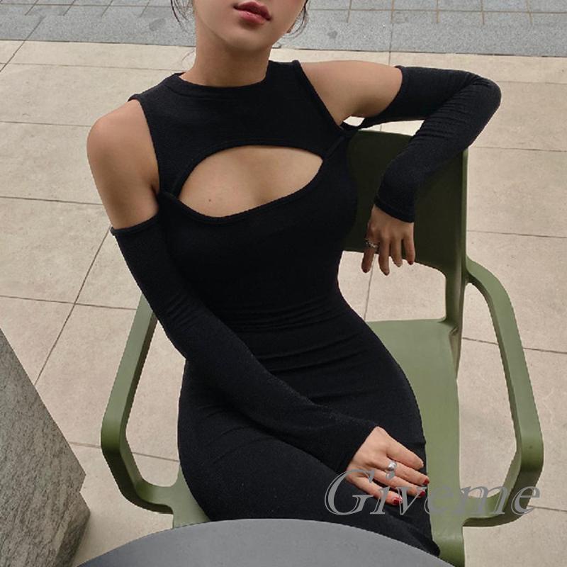 Đầm Body Tay Dài Cổ Tròn Màu Đen Trơn Thiết Kế Khoét Vai Quyến Rũ