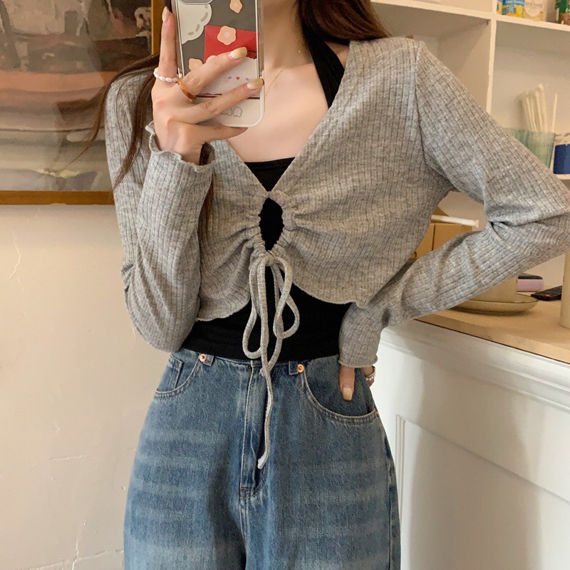 Set áo croptop tay dài cuốn biên kèm áo yếm phối màu phong cách Ullzang cá tính S510