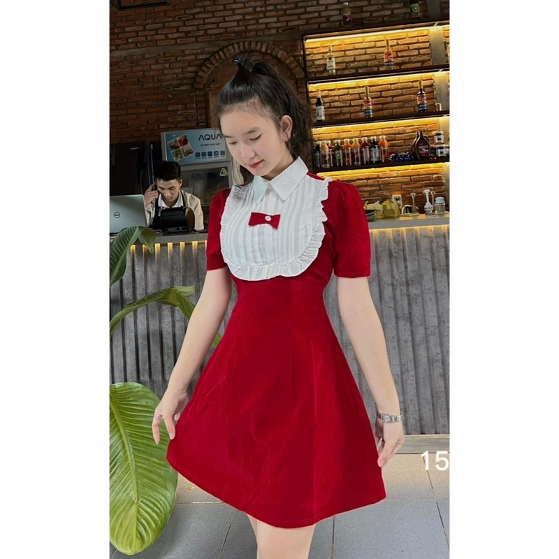 Đầm nhung cổ sơ mi bèo