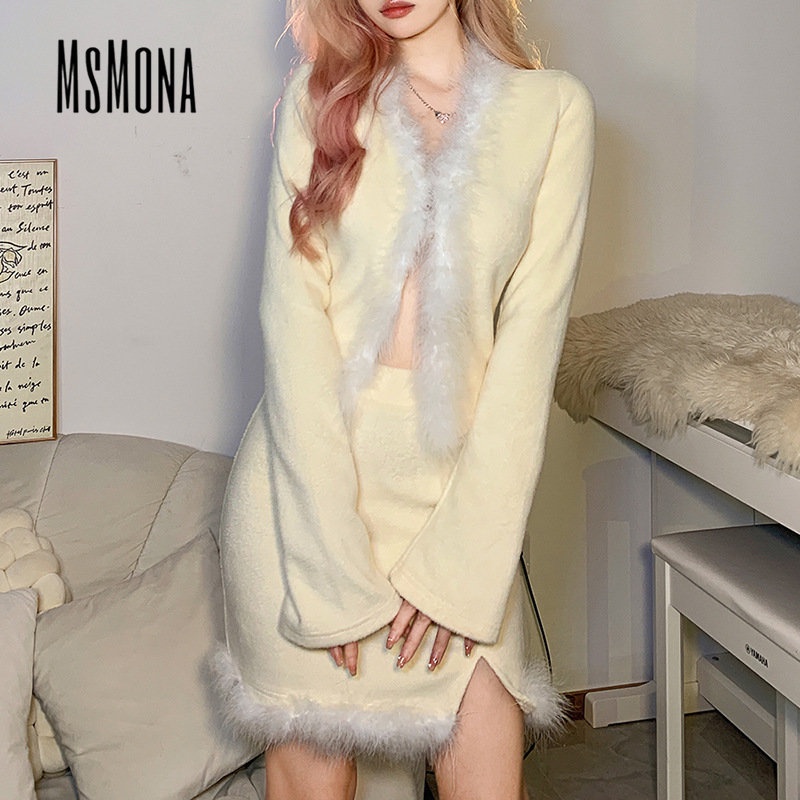 MsMona Bộ Đồ Thời Trang 2023 Cổ Chữ V Ôm Dáng Phối Màu Tương Phản Quyến Rũ Cho Nữ