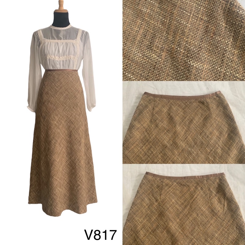 Chân váy chữ A V817 dáng dài cạp viền nhỏ chất dạ tweed dày dặn độ mới cao 2hand Nhật si tuyển ảnh thật