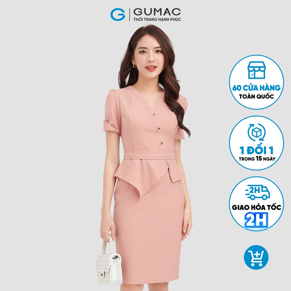 Đầm peplum đính nút GUMAC vải kaki thun 1 lớp cổ gắn tay ngắn màu xanh cam DC10045