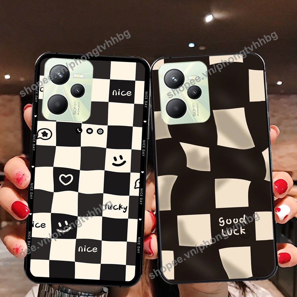 Ốp lưng Realme C35 caro mẫu hoa trắng đen cực đẹp cute giá rẻ
