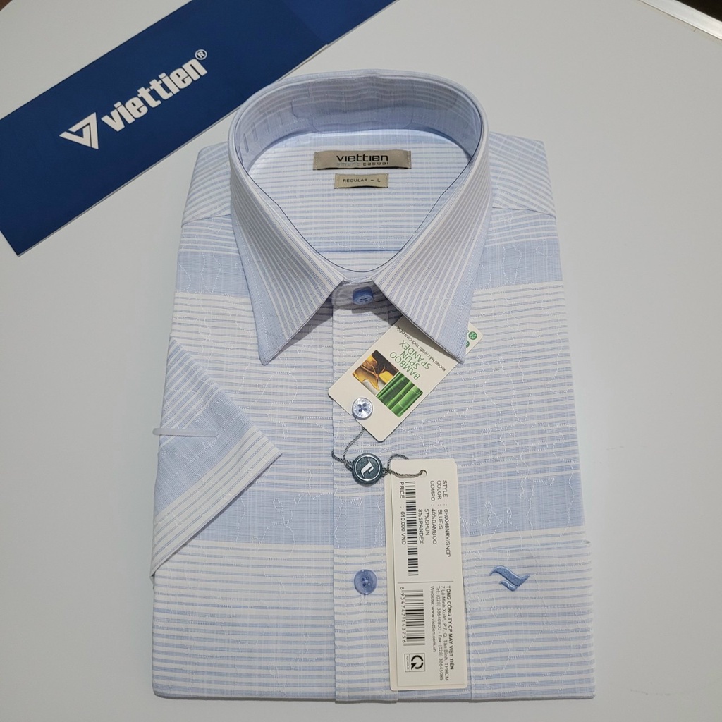 Aó sơ mi Việt Tiến smart casual ngắn tay ,tà ngang mã 6R0048NRY chính hãng ,cao cấp - form suông REGULAR -TÀ NGANG