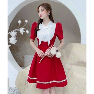 Đầm xoè nữ thời trang đi chơi chạy viền ren phối dập ly cột nơ chất cotton lạnh,