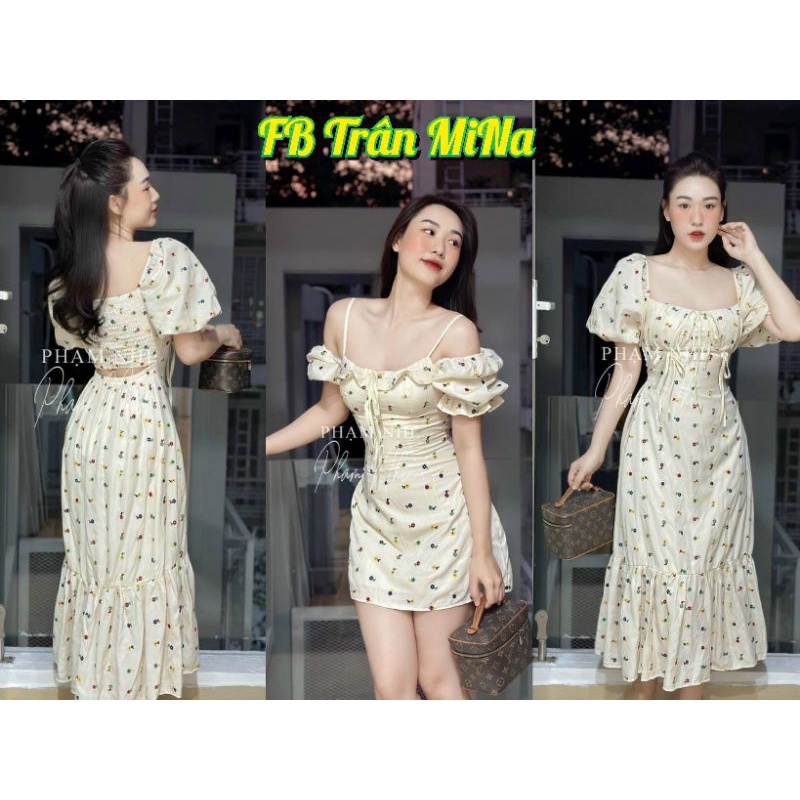 Đầm xô hoa trắng trễ vai nơ