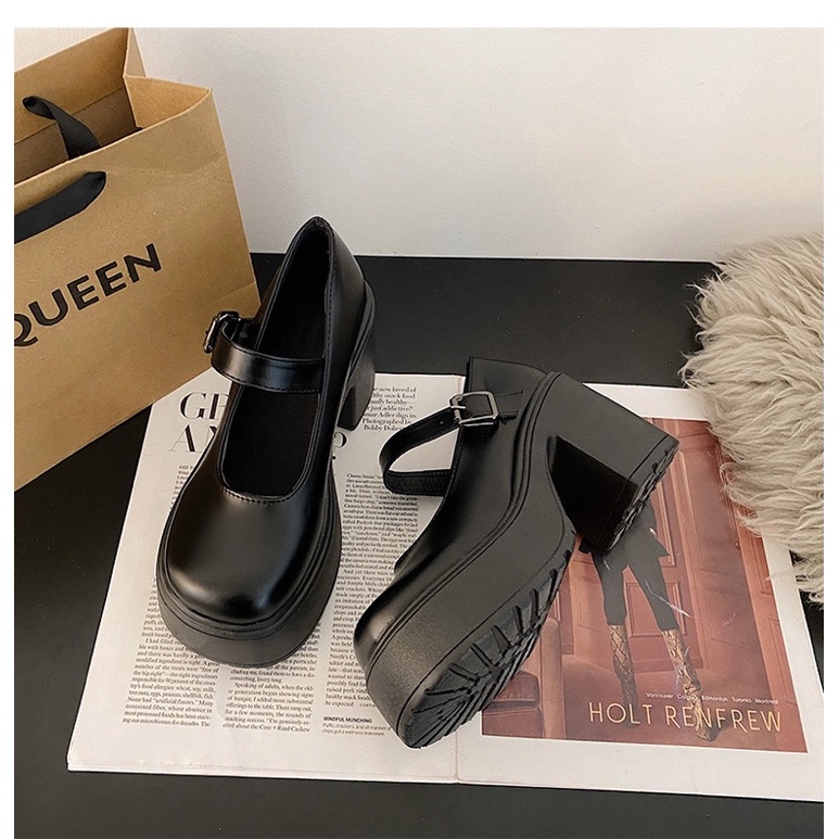 Giày cao gót Vintage Mary Jane đế trụ vuông dáng lolita 10cm