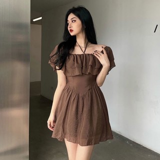 Váy kiểu trễ vai buộc cổ tiểu thư vintage quảng châu