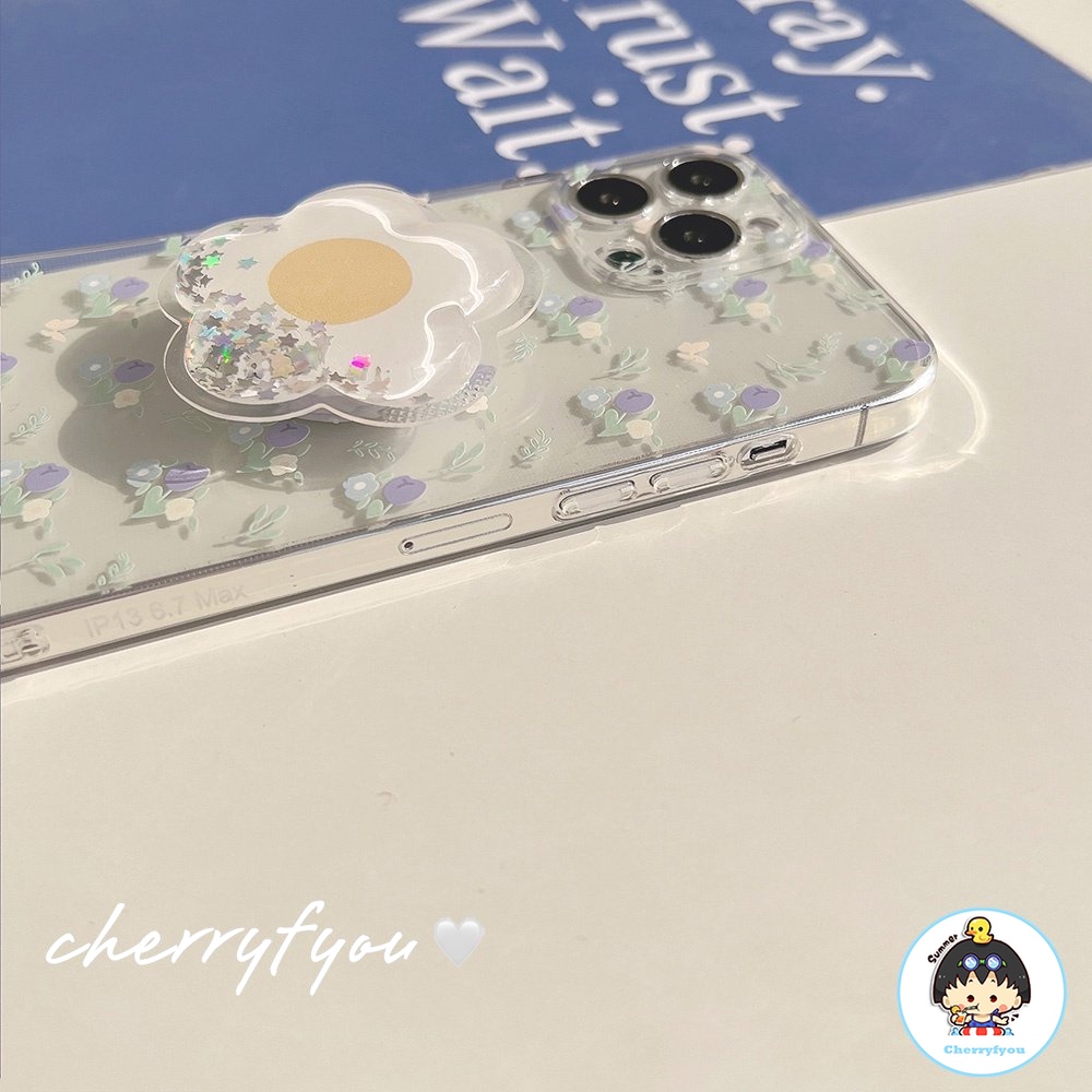 Ốp Điện Thoại TPU Mềm Trong Suốt Chống Trầy Có Giá Đỡ Hình Hoa Màu Xanh Dương Cho IPhone 11 12 13 14 Pro Max