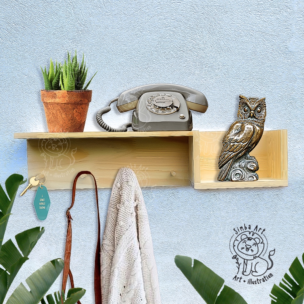 Kệ treo tường gỗ thông tự nhiên dùng trang trí decor kèm móc áo và phụ kiện đa năng