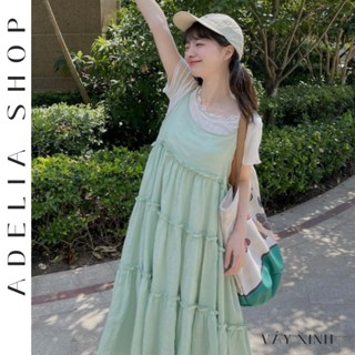 「ADELIA」Đầm 2 Dây Dáng Dài Xòe Màu Xanh Bạc Hà Hàng Loại Đẹp 2 Lớp Chất Mát, Đầm Yếm Babydoll Dễ Thương