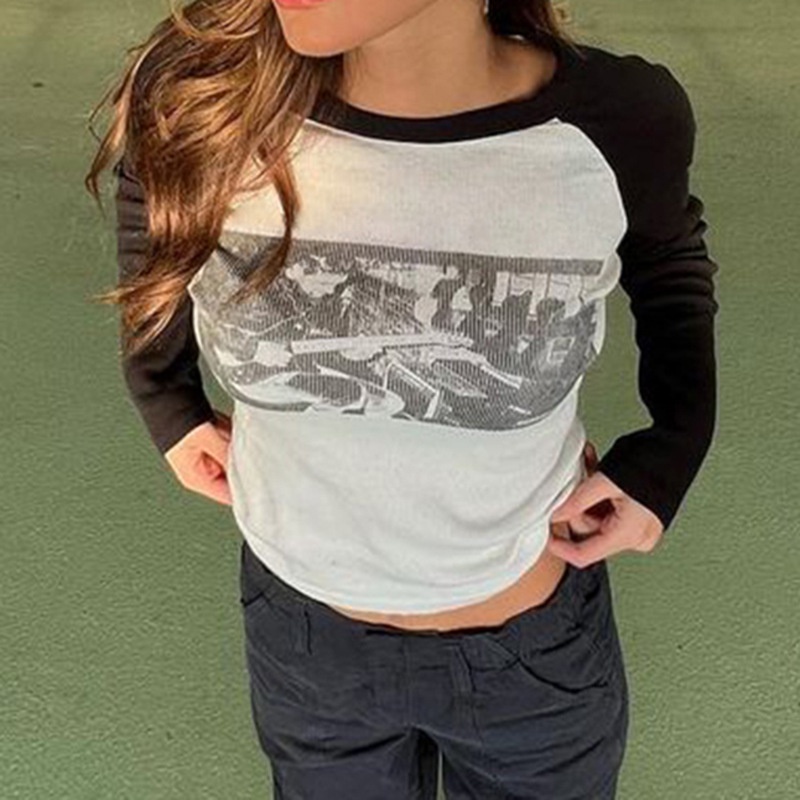 Áo thun DUNEA tay dài in họa tiết phối màu thời trang cho nữ