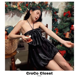 Đầm Lụa Đi Tiệc Trái Bí CROCOCLOSET Baby Có Dây Cột - NOLA Dress Design Đỏ Đô/Đen