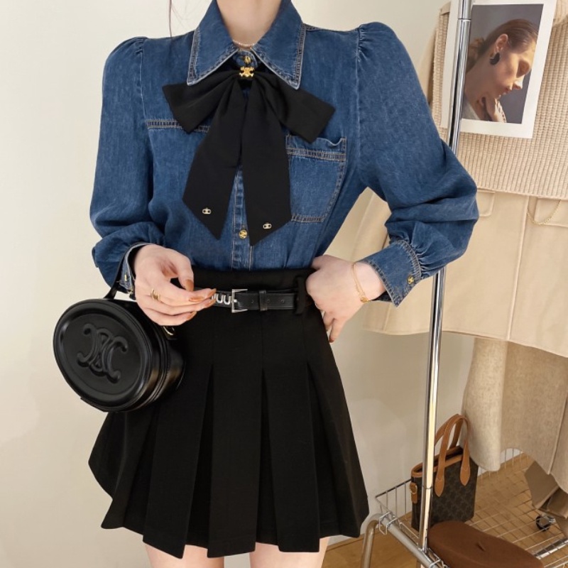Áo Sơ Mi Denim Cao Cấp Tay Phồng Đính Nơ Thời Trang Thu Đông 2023 Phong Cách Pháp Hàng Mới Dành Cho Bạn Nam Nữ