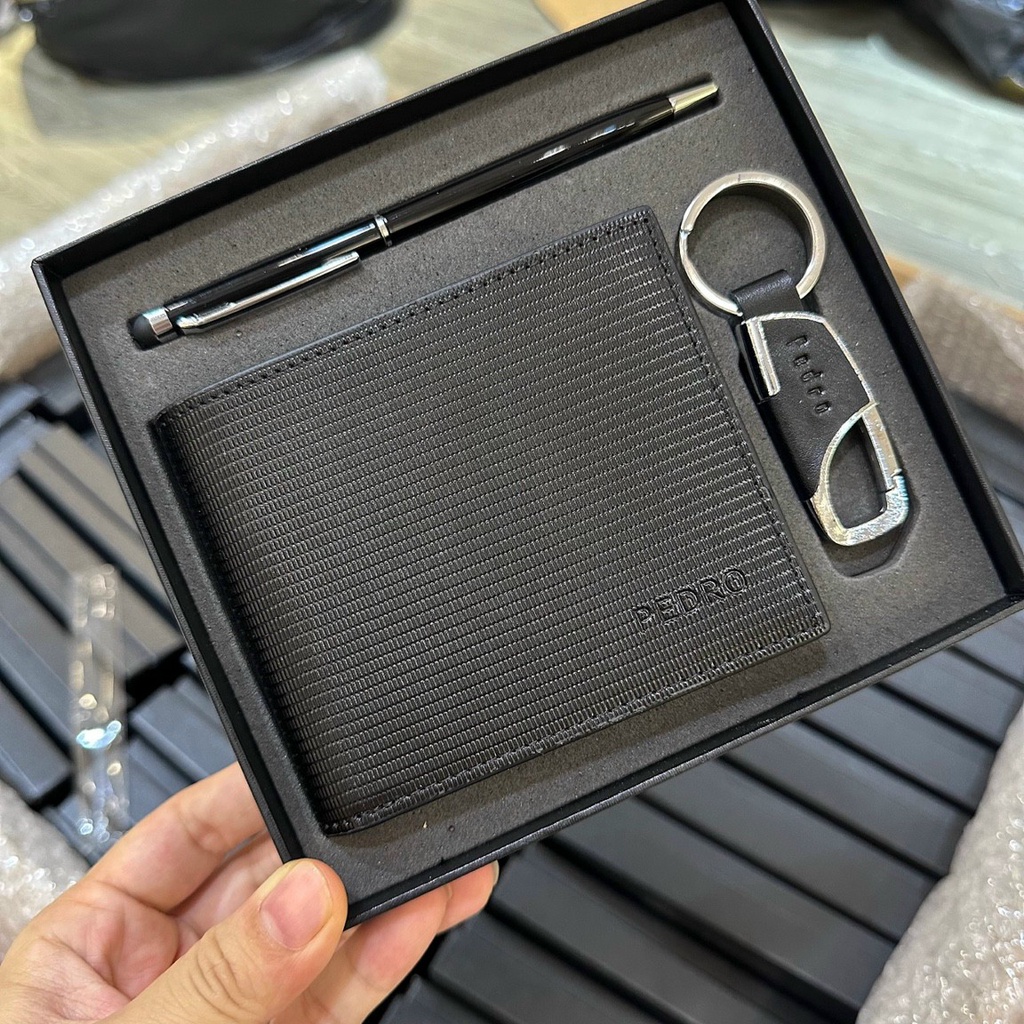 Set ví nam PEDR0 hàng tuồn kho kèm bút + móc khóa full box, túi giấy
