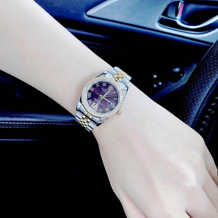 Đồng hồ nữ chính hãng, đồng hồ đeo tay Rolex Dayjust mặt tia xanh dây demi - Quartz(pin)