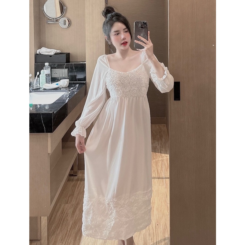 Đầm Ngủ Tiểu Thư Hoa Hồng Tay Dài Chất Lụa 2 Màu Siêu Xinh Freesize