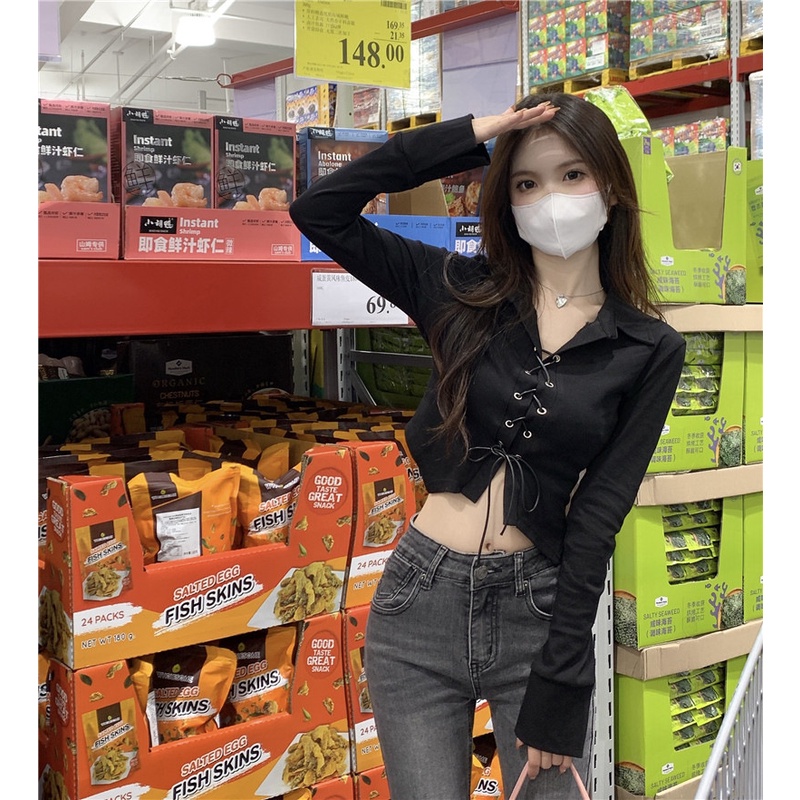 Áo Croptop Tay Dài Cổ Polo Dáng Ôm Gợi Cảm Cho Nữ