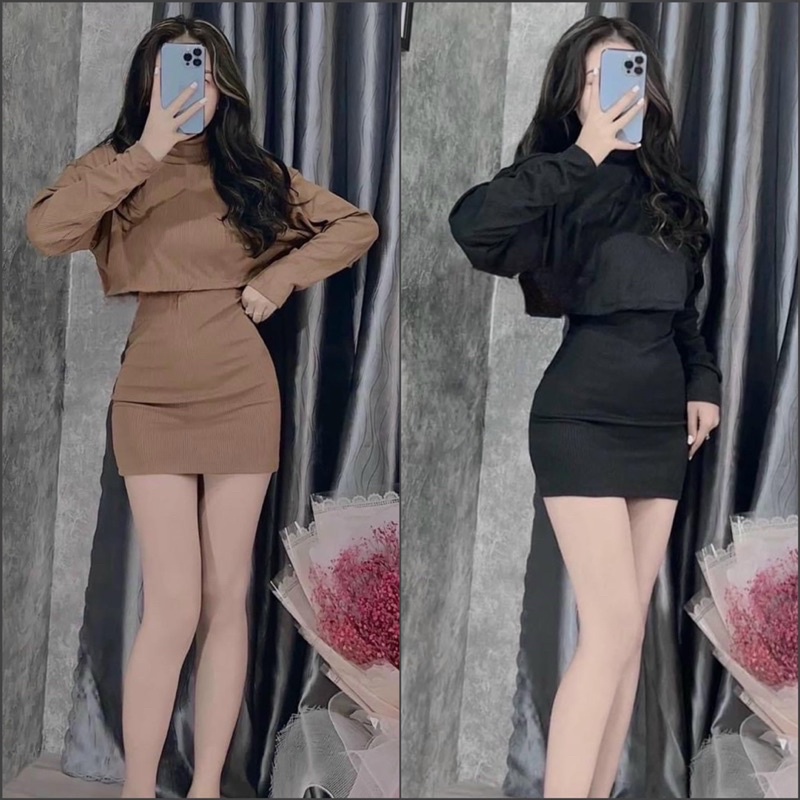 SET ÁO TAY DÀI CỔ LỌ KÈM ĐẦM BODY BA LỖ DÁNG NGẮN