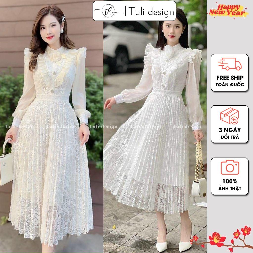 TK11108 | Váy thiết kế ren trắng khuy đá dập ly tùng xòe đẹp | có sẵn | Tuli design - Thiết kế cao cấp