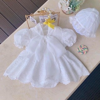 Váy tiểu thư bé gái ren trắng cổ nơ tay bồng kèm mũ