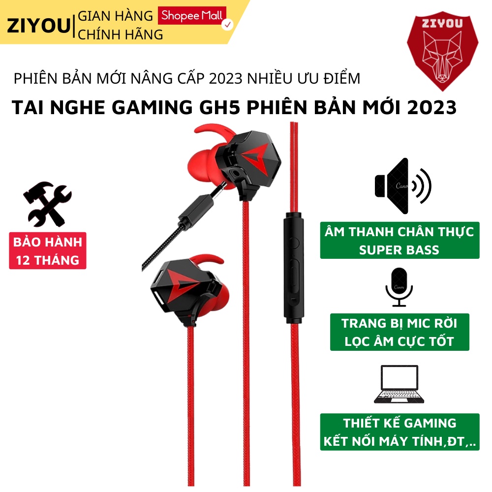 Tai nghe gaming nhét tai ZIYOU GH5 âm thanh super bass, chống ồn cực tốt, có mic có thể tháo rời, tặng bộ phụ kiện