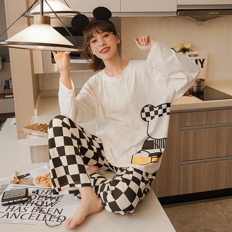 Bộ Đồ Ngủ Chất Liệu Cotton Tay Dài Họa Tiết Kẻ Sọc Đơn Giản Thời Trang Xuân Thu Cho Nữ