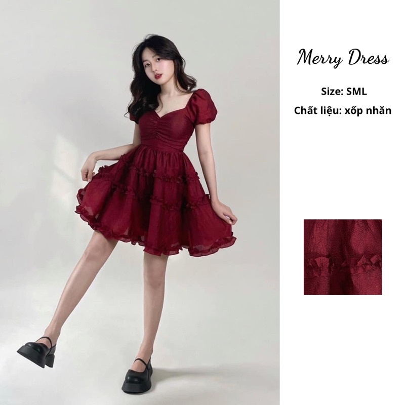 Đầm tơ nhún bèo màu đỏ tôn da - Toni Choppi