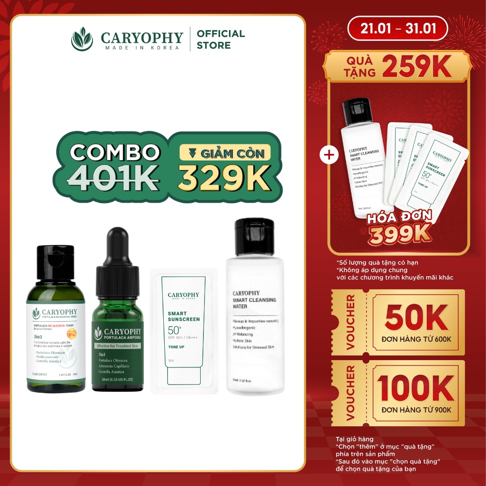 COMBO SẠCH MỤN CARYOPHY (Serum 10ml, 1 Toner 50ml, 1 Kem chống nắng 5ml, 1 Tẩy trang 60ml)