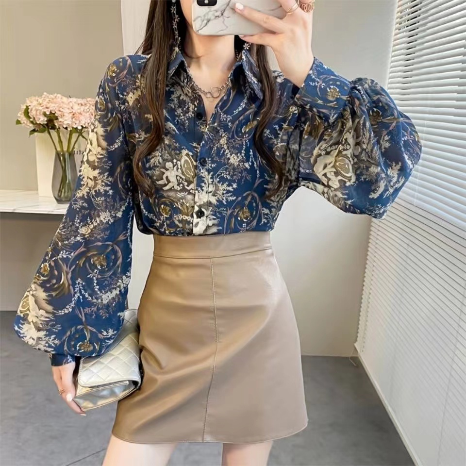 Áo Sơ Mi Chiffon Tay Dài Phồng Dáng Rộng In Họa Tiết Xinh Xắn Thời Trang Mùa Hè Cho Nữ