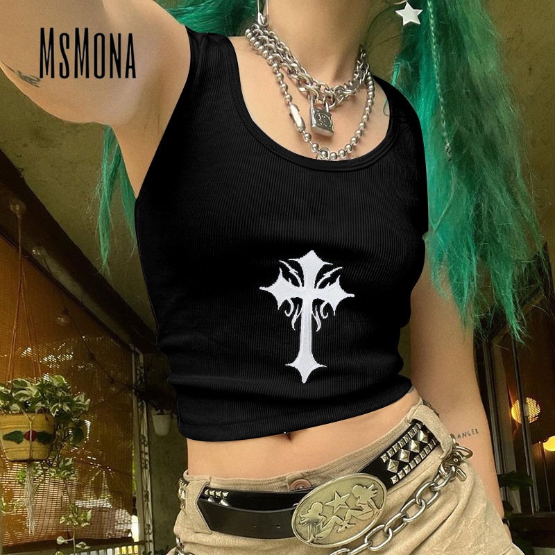 Áo Tank Top Cổ Tròn Thêu Họa Tiết Màu Tương Phản Thời Trang 2023 Quyến Rũ Cho Nữ