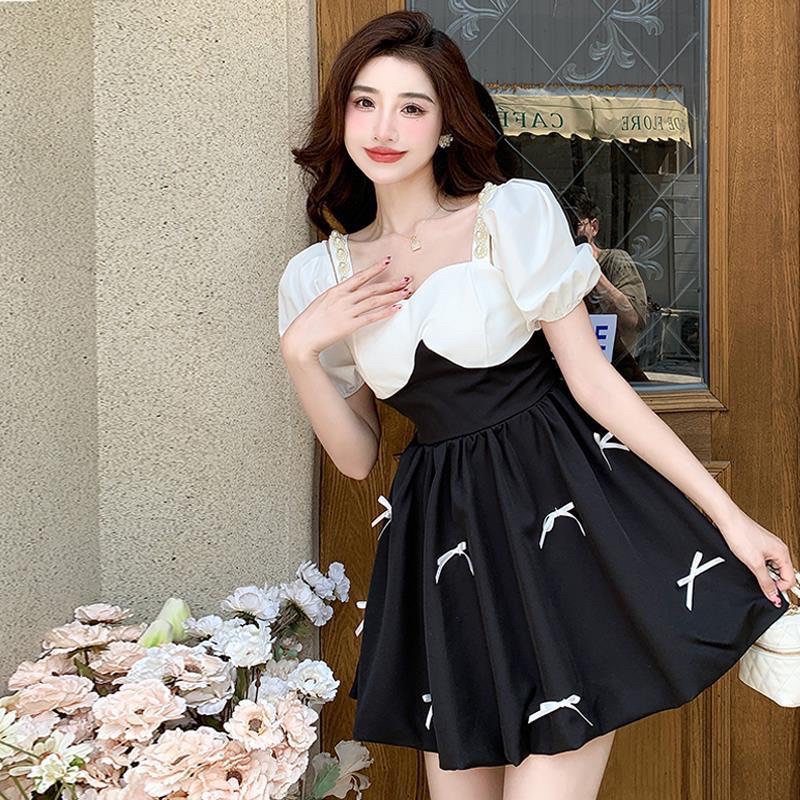 Đầm Tiểu Thư Phối Trắng Đen JARI-CLOTHES Nơ Xinh Đính Ngọc Bánh Bèo ( Mã A01T2)