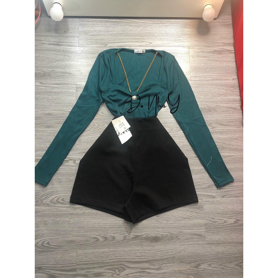 Áo Kiểu Nhún Ngực Dây Xích Tay Dài