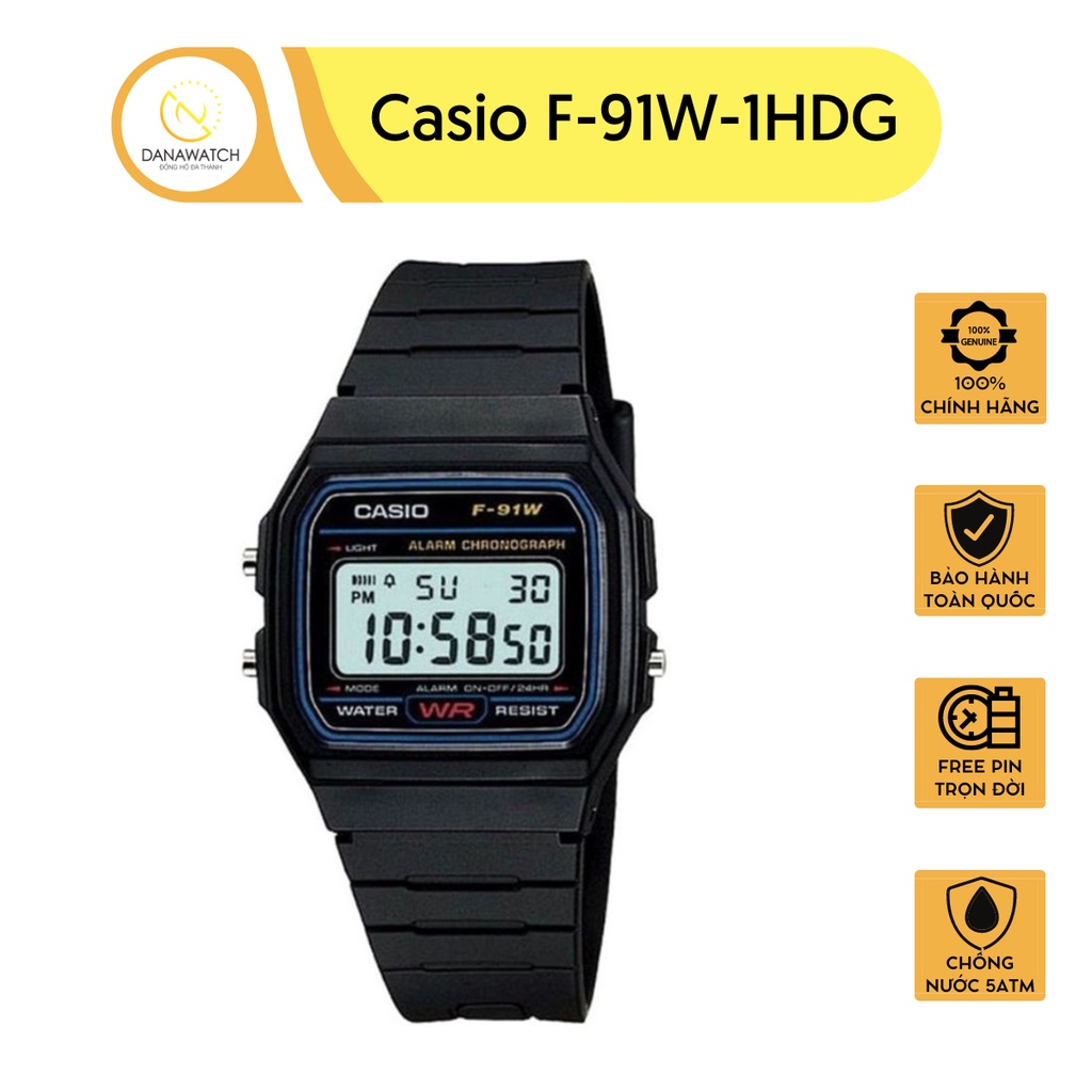 Đồng hồ Casio nam F-91W-1HDG thiết kế vuông vắn màu đen nam tính lịch lãm dây cao su mềm mại êm ái