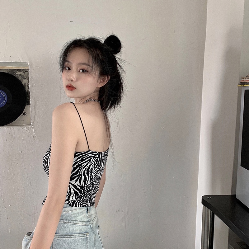 ZHELIHANGFEI Áo Hai Dây Họa Tiết Ngựa Vằn Lưng Cao Quyến Rũ Cho Nữ